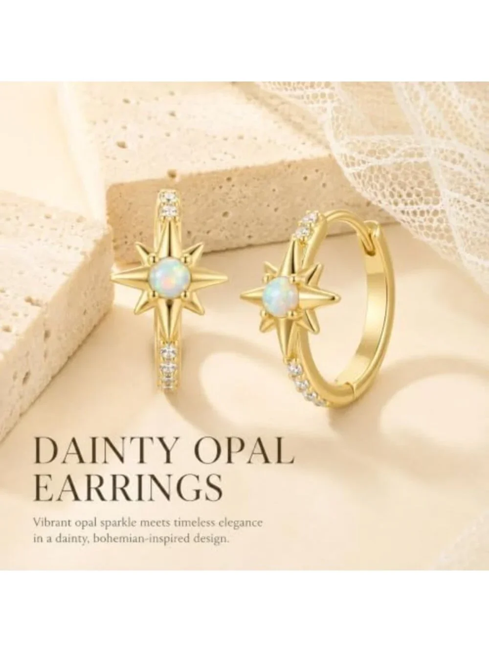 14K Gold Opal Starburst Huggie Hoop Earrings - Celestial Jewelry Gift for Her